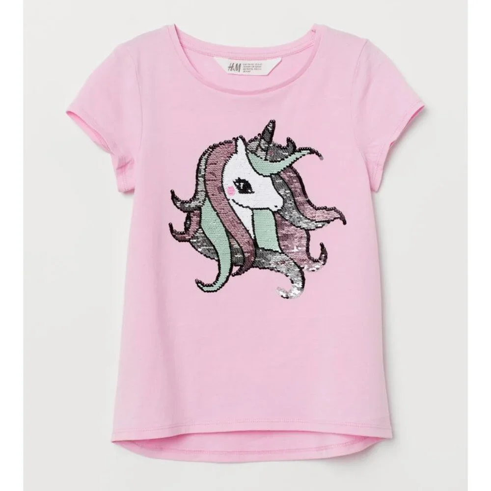 H&M Girls Sequin Flip Short Sleeve Top - Pink Unicorn